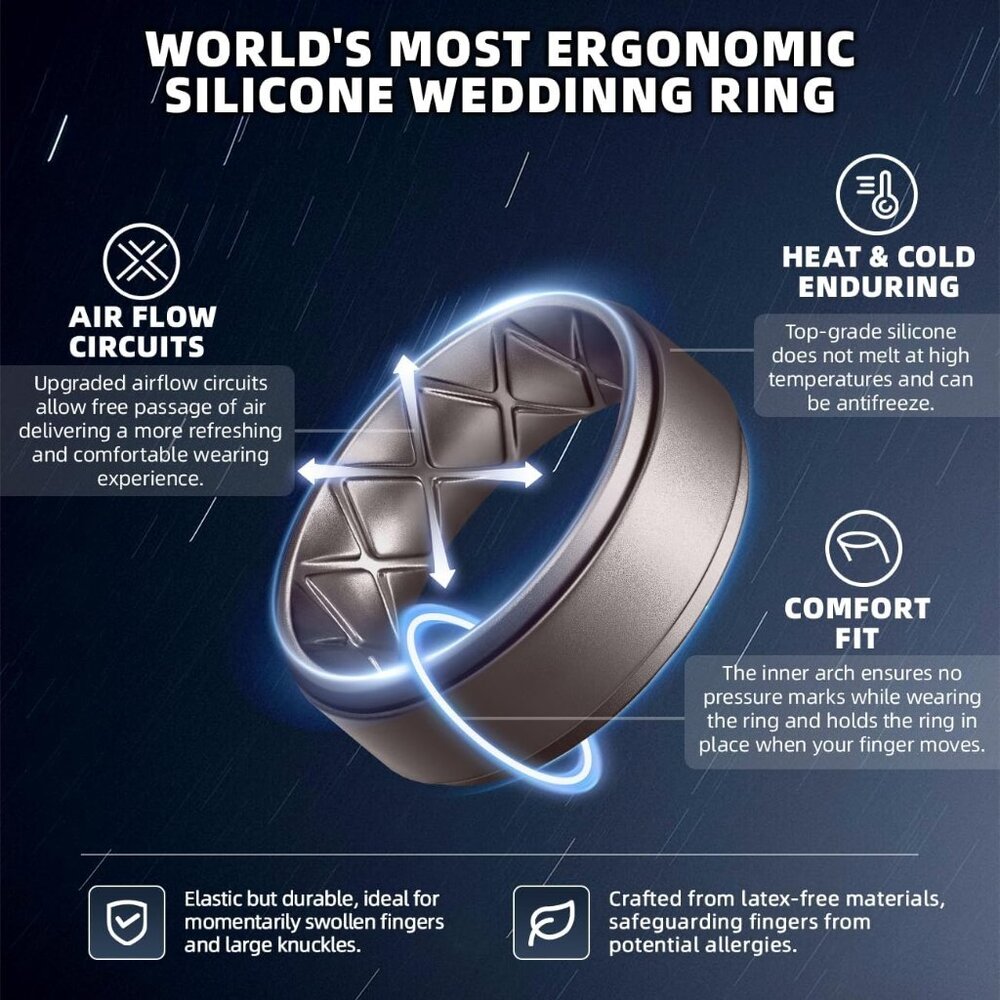 Mens Silicone Wedding Rings 8mm x 2mm, Step Edge Rubber Engagement Bands 1/4/7 M - Picture 2 of 6